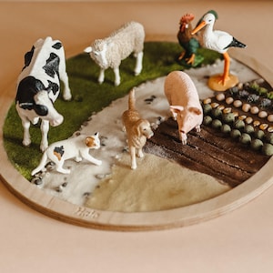 Village Farm sensory thematic tray for children to play with figurines