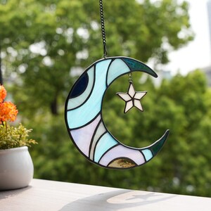 Moon Star Stained Glass Window Hangings, Stained Glass Suncatcher for Window Moon Decor, Housewarming Gifts, Halloween Decoration