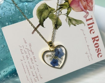 Forget Me Not Necklace,Heart-shaped Pendant Jewelry, Real Pressed Flower Necklace,Resin Jewelry,Forgetmenot Pendant,gifts for mom