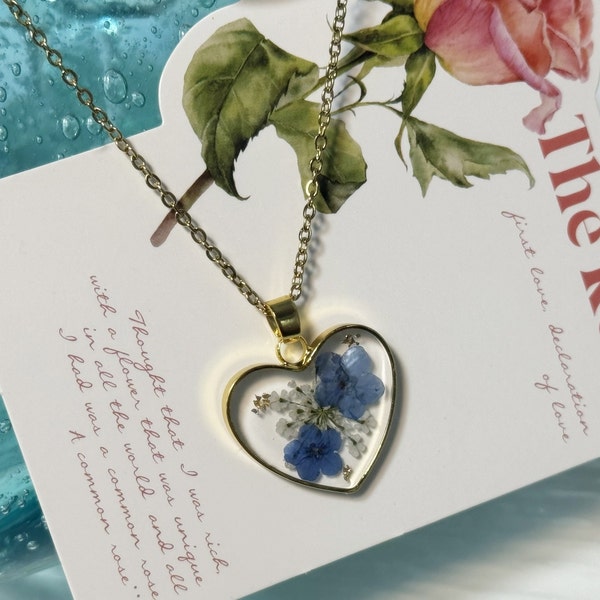 Forget Me Not Necklace,Heart-shaped Pendant Jewelry, Real Pressed Flower Necklace,Resin Jewelry,Forgetmenot Pendant,gifts for mom