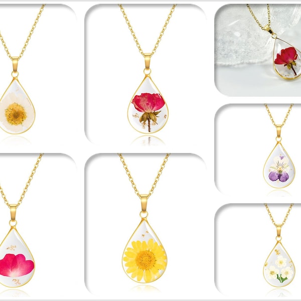 Birth Month Flower Pendant Gold Necklace,Real Flower Resin Pendant,Handmade jewelry,Rose Pendant,Mother's Day Gifts,gift for mom