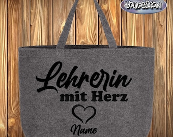 Enseignant avec cœur Grand sac de courses en feutre Sac de courses Sac en feutre brodé Nom individuel
