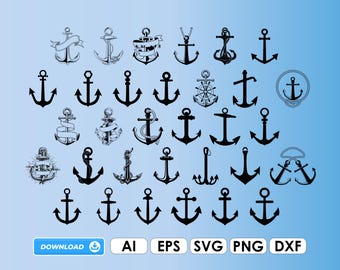Pack SVG d'ancre, fichier vectoriel d'ancre, fichier de traceur nautique, bateau, corde en vinyle AI Cricut DXF