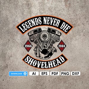 Shovelhead オートバイ デジタル ファイル Ai EPS PDF Cricut DIY デジタル ダウンロード PNG Dxf プロッター ファイル ビニール バイク バイカー レジェンド ネバー ダイ