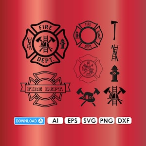 May include: Black and white firefighter-themed graphic elements on a red gradient background. Includes Maltese crosses, axes, a ladder, a fire hydrant, and the text "FIRE DEPT." and "9-11-01". Also includes download options for AI, EPS, SVG, PNG, and DXF files.
