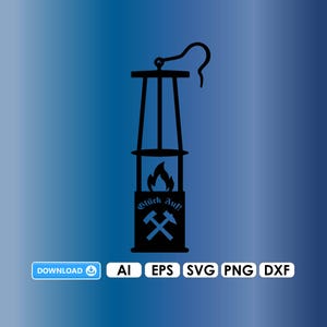May include: Black silhouette of a miner's lamp with a flame, the words "Glück Auf!" and crossed hammers. The lamp has a hook at the top and is set against a gradient blue background.
