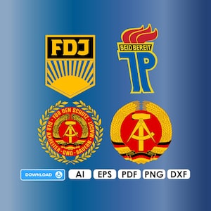 May include: Four different logos, each with a different design and color scheme. The logos are for the Free German Youth (FDJ), the Free German Trade Unions (FDGB), the Socialist Unity Party of Germany (SED), and the Young Pioneers (TP).