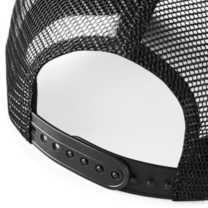 May include: Black mesh trucker hat with a black adjustable plastic strap and buckle closure.