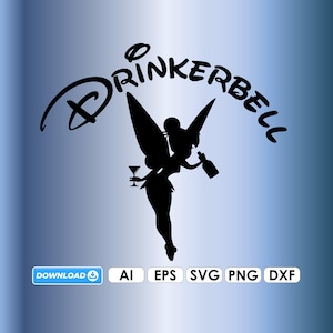 Puede incluir: Silueta negra de un hada sosteniendo una copa de cóctel y una botella, con la palabra "DRINKERBELL" arqueada arriba. El diseño está sobre un fondo azul degradado, con iconos de tipo de archivo en la parte inferior.