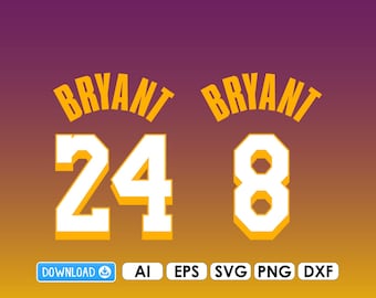May include: A digital design featuring the name "BRYANT" above the numbers "24" and "8" in a yellow and white color scheme. The design includes file type icons: AI, EPS, SVG, PNG, and DXF, with a "DOWNLOAD" button.