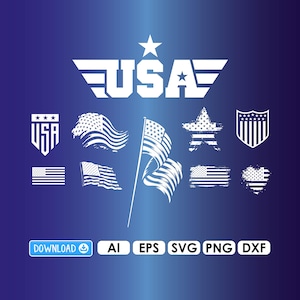 Könnte beinhalten: Weiße Grafikelemente zum Thema USA auf blauem Hintergrund. Enthält verschiedene stilisierte amerikanische Flaggen, einen Stern und das Wort "USA" in fetter Schrift. Dateityp-Optionen: AI, EPS, SVG, PNG und DXF.