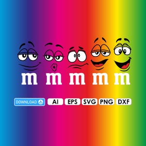 May include: A vibrant graphic featuring five stylized faces with different expressions, each above a white "m" on a rainbow gradient background. The image includes download options for various file formats: AI, EPS, SVG, PNG, and DXF.