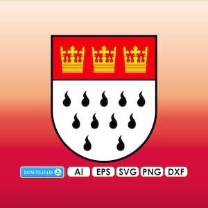 Könnte beinhalten: Ein schildförmiges Grafikdesign mit einem roten oberen Abschnitt mit drei goldenen Kronen. Der untere Abschnitt ist weiß mit elf schwarzen Tropfenformen. Das Wort "DOWNLOAD" befindet sich in einem blauen Feld, und Dateityp-Abkürzungen sind darunter.