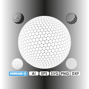 May include: A graphic design featuring a large white golf ball with a pattern of small circles, surrounded by four smaller golf balls. The design includes the word "DOWNLOAD" in a blue box, along with file type abbreviations: AI, EPS, SVG, PNG, and DXF.