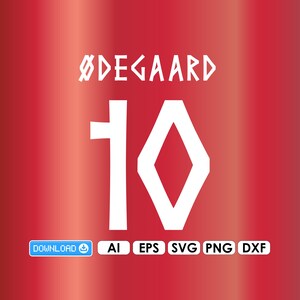 May include: A digital graphic design featuring the white text ØDEGAARD above the large white number 10, set against a solid red background. Below the main graphic, a blue download button is displayed next to the file formats AI, EPS, SVG, PNG, and DXF.