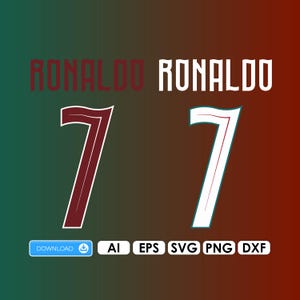 May include: A digital graphic featuring the name RONALDO and the number 7 in two color variations: one in dark red and one in white with a dark outline. Below, a blue download button is accompanied by the text AI, EPS, SVG, PNG, and DXF.