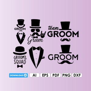 Könnte beinhalten: Ein Satz von fünf schwarzen und weißen digitalen Schnittdateien für eine Hochzeit. Die Dateien beinhalten einen Bräutigam-Smoking, eine Bräutigam-Squad-Mütze, eine Bräutigam-Mütze, einen Bräutigam-Schnurrbart und eine Team-Bräutigam-Grafik.