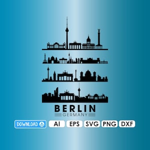 Op de afbeelding: Een zwart silhouet van de skyline van Berlijn tegen een blauwe achtergrond. Het ontwerp toont iconische bezienswaardigheden, met de woorden "BERLIJN" en "DUITSLAND" eronder. Inclusief bestandstype-pictogrammen: AI, EPS, SVG, PNG en DXF.