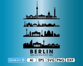 May include: A black silhouette of the Berlin skyline against a gradient blue background. The design features iconic landmarks, with the word "BERLIN" and "GERMANY" below. Includes file type icons: AI, EPS, SVG, PNG, and DXF.
