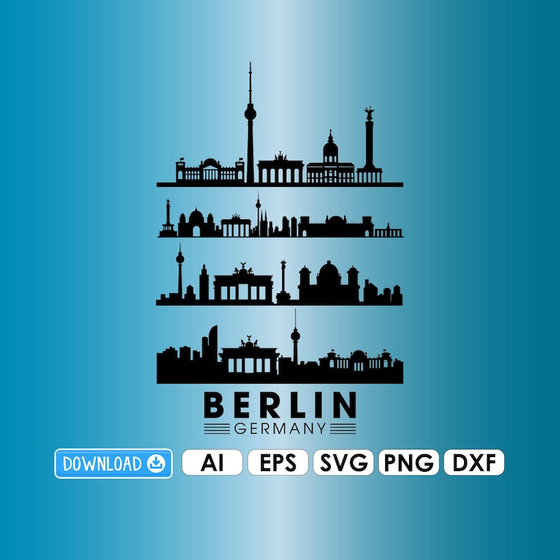 Pu&ograve; includere: Silhouette nera dello skyline di Berlino su sfondo blu sfumato. Il design presenta monumenti iconici, con la scritta "BERLINO" e "GERMANIA" sottostante. Include icone di tipo di file: AI, EPS, SVG, PNG e DXF.