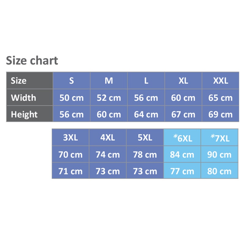 May include: Size chart for clothing with measurements in centimeters. The chart includes sizes S, M, L, XL, XXL, 3XL, 4XL, 5XL, 6XL, and 7XL. The chart shows the width and height measurements for each size.