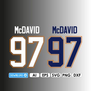 May include: Two versions of the name "McDavid" and the number "97" are displayed. One is white with an orange outline, the other is navy blue with an orange outline. Below are download options for AI, EPS, SVG, PNG, and DXF files.