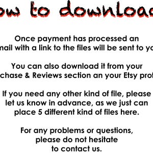 Pu&ograve; includere: Sfondo bianco con testo nero che fornisce istruzioni su come scaricare i file dopo l'acquisto. Il titolo recita "How to download?" in rosso e nero. Le istruzioni includono il download dal profilo Etsy.