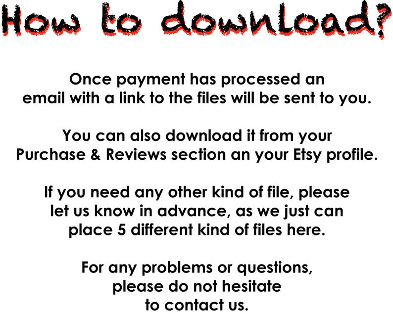 Pu&ograve; includere: Sfondo bianco con testo nero che fornisce istruzioni su come scaricare i file dopo l'acquisto. Il titolo recita "How to download?" in rosso e nero. Le istruzioni includono il download dal profilo Etsy.