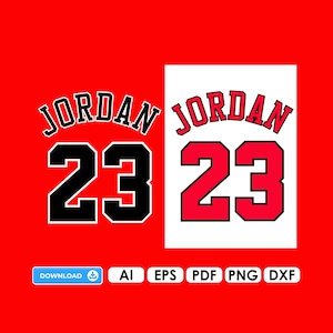 Könnte beinhalten: Ein digitales Design mit zwei Versionen eines Basketball-Trikots mit dem Text "JORDAN 23". Eine Version hat schwarzen Text auf rotem Hintergrund, die andere roten Text auf weißem Hintergrund.