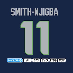 May include: Navy blue background with the name "SMITH-NJIGBA" in gray block letters above the number "11". The number is gray with a green outline. Below the number are the words "DOWNLOAD", "AI", "EPS", "SVG", "PNG", and "DXF".