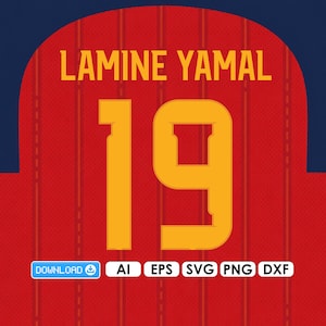 Pode incluir: Um gráfico de camisola desportiva vermelha com o nome LAMINE YAMAL e o número 19 em amarelo. O design inclui riscas verticais e um padrão texturado. Abaixo do número, um botão de download azul é visível ao lado do texto AI, EPS, SVG, PNG, DXF.