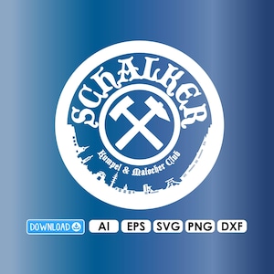 May include: A white and blue circular logo with the word "SCHALKER" in a stylized font. The logo features crossed hammers and the text "Humpel & Malocher Club". Below the logo are the words "DOWNLOAD", "AI", "EPS", "SVG", "PNG", and "DXF".