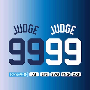 May include: A digital design featuring the word "JUDGE" above the number "9999" in two different color schemes, navy blue and white. The design is set against a gradient blue background. Includes file type icons: AI, EPS, SVG, PNG, and DXF.