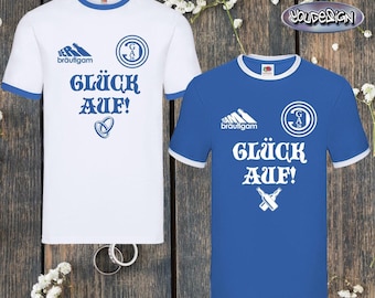 Camicia JGA, maglietta per addio al celibato, maglia dello sposo, calcio, Schalke, festa dei postumi di una sbornia, Gelsenkirchen, zona della Ruhr, Glück Auf