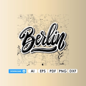 May include: Black and white graphic design of a city map with the word "Berlin" written in a stylized font.