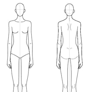 May include: A line drawing of a female fashion figure in a standing pose, shown from the front and back.