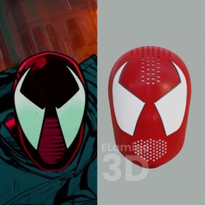 May include: A red and white 3D printed mask with a spider-like design. The mask has a textured surface with small holes.