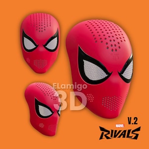 Könnte beinhalten: Drei rote Spider-Man-Masken mit schwarzen Umrissen und weißen Augendetails werden vor einem orangefarbenen Hintergrund gezeigt. Die Masken haben ein perforiertes Design und das Marvel Rivals-Logo ist sichtbar.