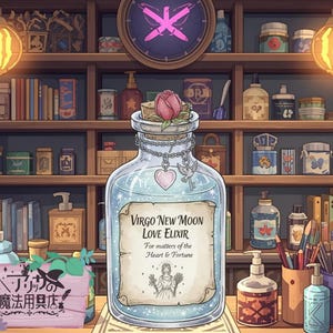 Puede incluir: Ilustración de una tienda de pociones con una gran botella de vidrio etiquetada como "Virgo New Moon Love Elixir". La botella tiene una rosa en la parte superior y un dije de corazón. Estanterías llenas de frascos, libros y útiles. Un letrero japonés dice "Magic Tool Shop".