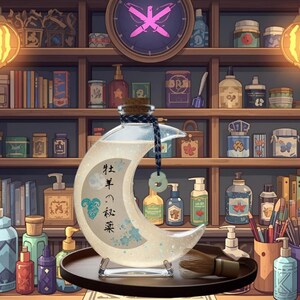 May include: A whimsical illustration of a potion shop interior. A crescent moon-shaped bottle with Japanese text sits on a tray. Shelves are filled with jars, bottles, and books. A clock with a butterfly design hangs above.