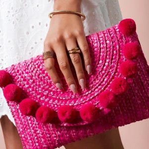 Special price - summer and beach bag clutch made of straw, decorated with cute pompoms in great summer colors