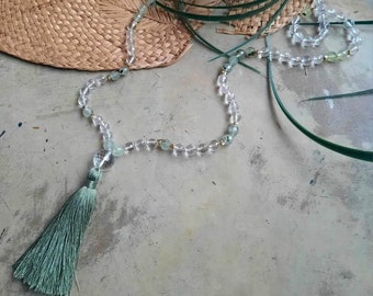 Prehnite,rock crystal mala, hand knotted necklace, mala necklace, spiritual jewelry, heart chakra,tassel necklase, silk tassel