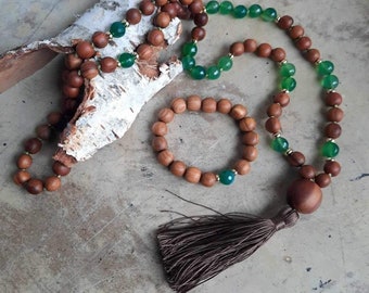 Green onyx mala, Wooden mala, green mala, silk tassel necklace, mala necklace, natural gemstone mala, green mala, spiritual gifts