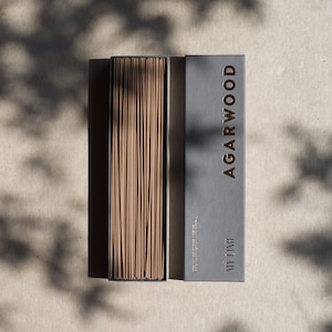 Peut inclure: Une boîte d'encens en bâtonnets portant l'inscription "AGARWOOD" de "VIV LINH" en lettres dorées sur fond gris. La boîte est ouverte, révélant les bâtonnets d'encens bruns à l'intérieur.