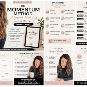 Könnte beinhalten: Ein digitales Arbeitsbuch mit dem Titel The Momentum Method, ein Leitfaden für Network-Marketing-Erfolg für vielbeschäftigte Mütter. Das Dokument enthält 100 Seiten Training, 8 Module, tägliche Tracker, Gesprächsskripte und einen 90-Tage-Plan.