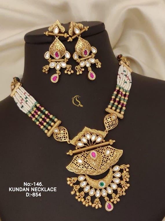 Gold Plated Kundan Necklace Set: Indian Bridal Jewelry