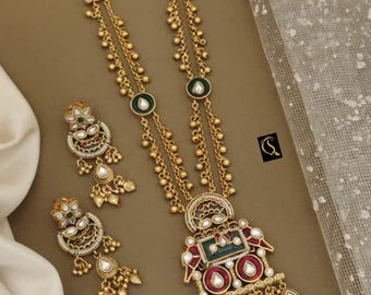 Collana girocollo Kundan placcata oro antico e orecchini Jhumka: gioielli indiani con collane lunghe
