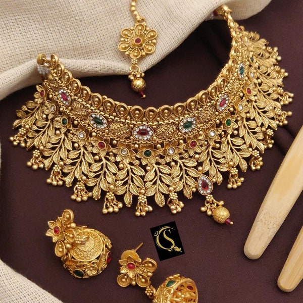 Gold Necklace India Choker Temple Jewelry South India Jewellery Temple Necklace India Bridal Jewelry India Necklace