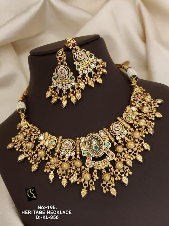 Gold Plated Guttapusalu Necklace Earring Set: Temple Bridal