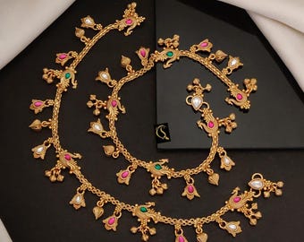 Gold Plated Indian Payal Anklet, Enamel Work, Bridal Foot Jewelry